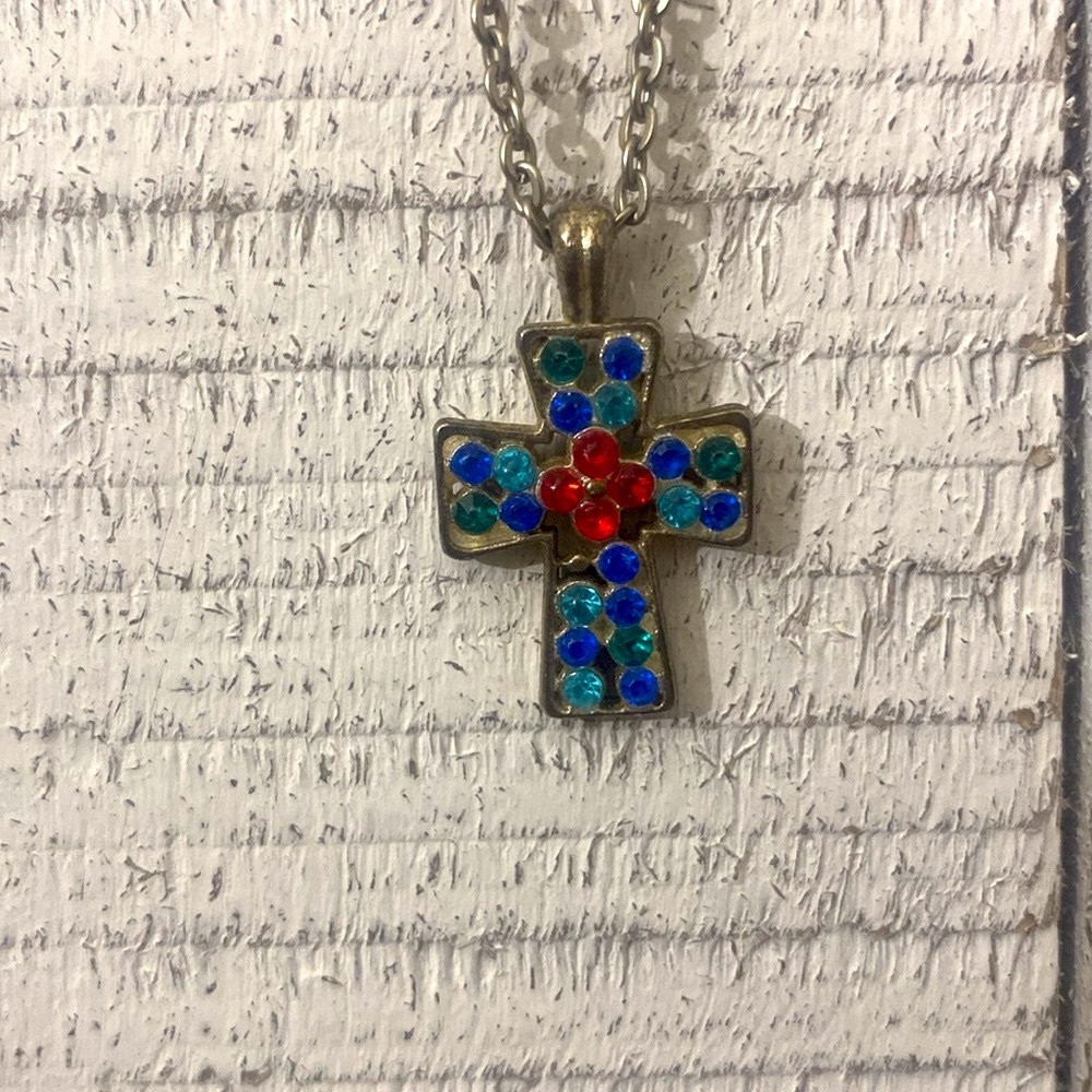 Vintage Sterling Silver Gemstone Cross with New Silver 18” Chain